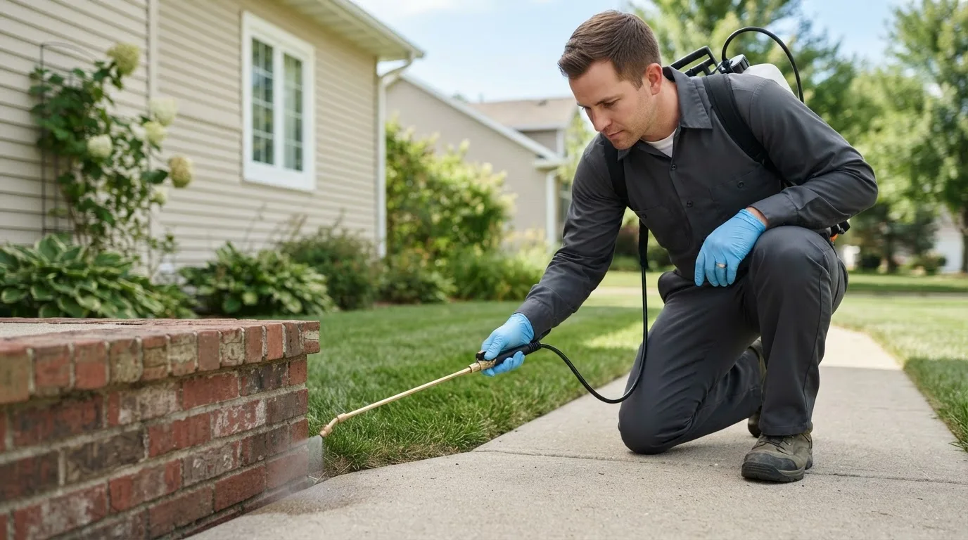Pest control technician treating a home near Granby, MO